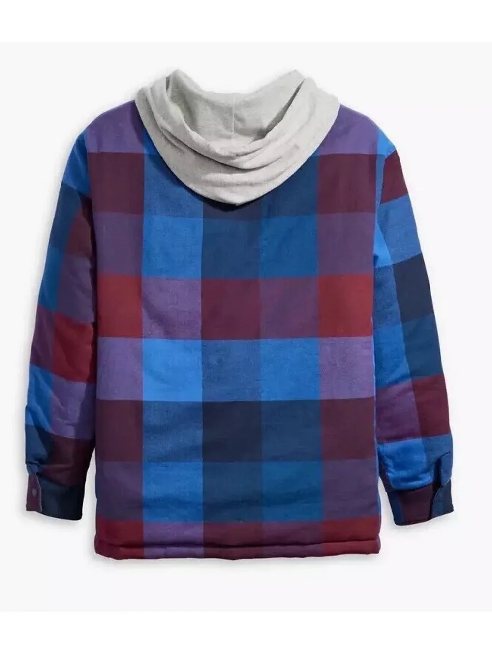 Levi’s Hooded Plaid Shirt Jacket Mens M Blue Burgundy Quilted Flannel Coat